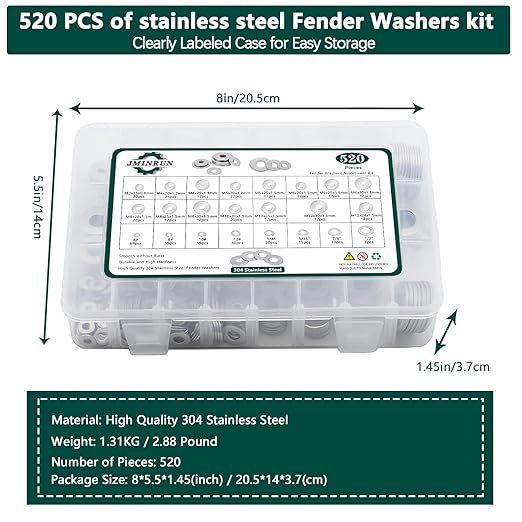 Fender Washers, 520 Pcs SAE + Metric 23 Sizes Flat Washers Assortment Set, 304 Stainless Steel