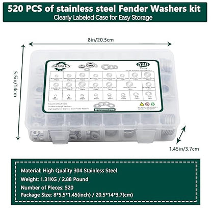 Fender Washers, 520 Pcs SAE + Metric 23 Sizes Flat Washers Assortment Set, 304 Stainless Steel