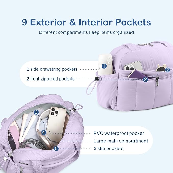 TOPDesign Travel Duffel Bag for Women, Puffer Gym Bag Sports Tote with Wet Pocket, Carry On