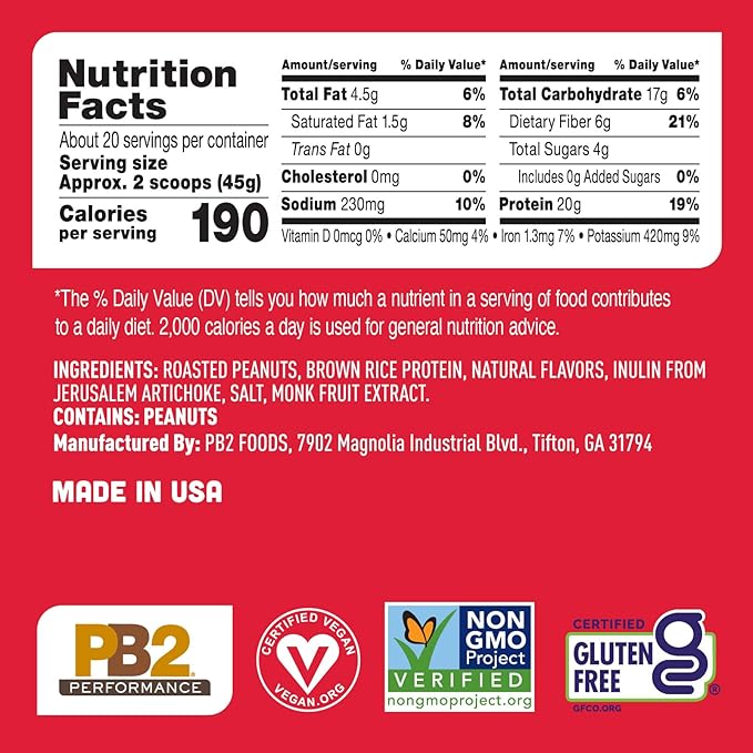 PB2 Performance Peanut Plant Based Vegan Protein Powder | 20g Complete Protein, No Added Sugar