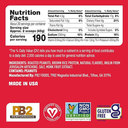 PB2 Performance Peanut Plant Based Vegan Protein Powder | 20g Complete Protein, No Added Sugar