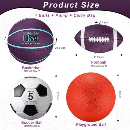 Lenwen 4 Pcs Sports Balls Set, Include Official Size Basketball Soccer Football Playground Ball
