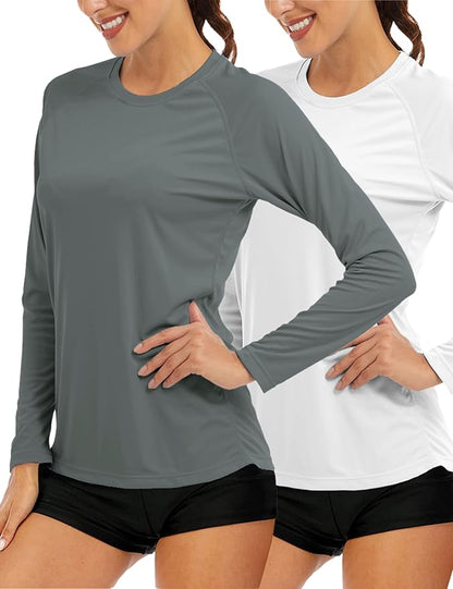 MAGCOMSEN Women's 2 Pack Long Sleeve Shirts UPF 50+ Sun Protection Quick Dry Swim Shirt for Rash