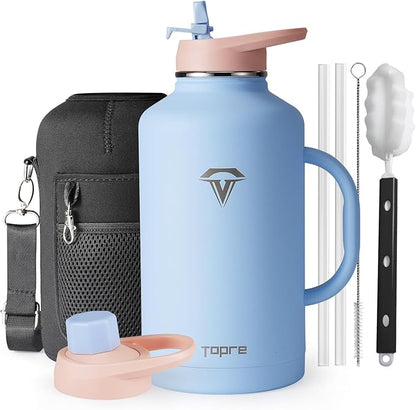 64 oz Insulated Water Bottle with Straw and Lid, Half Gallon Stainless Steel Cup with
