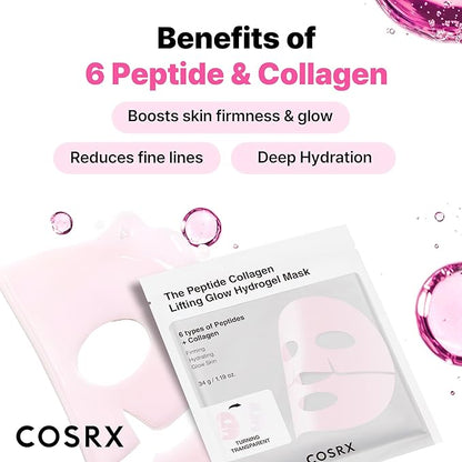 COSRX Pink Peptides Collagen Lifting Glow Hydrogel Face Masks Skincare 3 EA, Collagen Face Mask