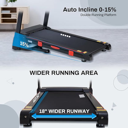 Treadmills for Home, 15% Auto Incline, 0.5-10 MPH, 18" Belt, 3 HP, 350lb Capacity, Foldable