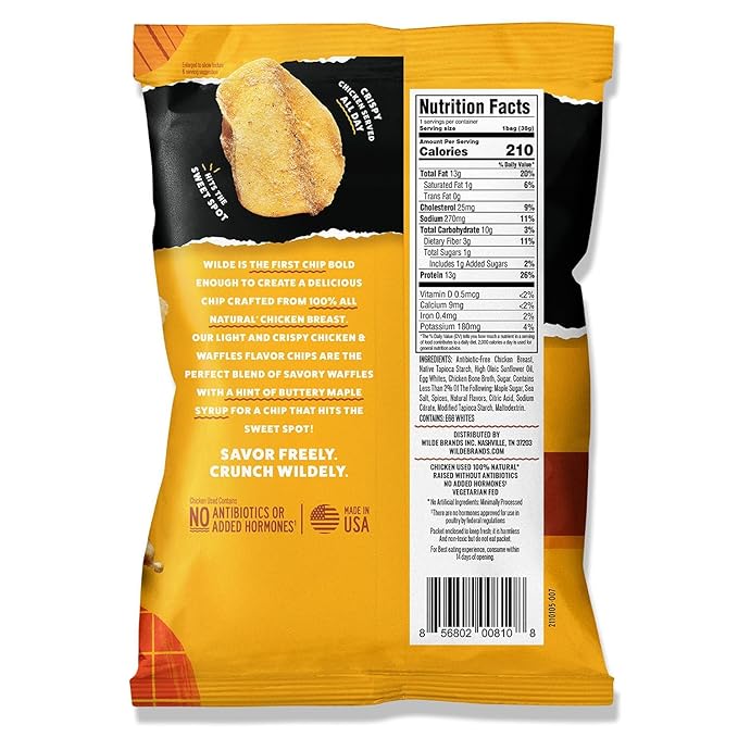 WILDE Protein Chips Chicken & Waffles, High Protein Snacks for Adults, Keto Chips, Gluten Free, Low