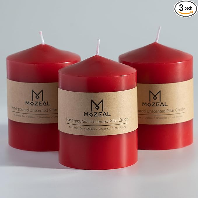 MOZEAL 3" x 4" Hand-Poured Unscented Red Pillar Candles,Dripless Candles Set of 3,Smokeless,Clean
