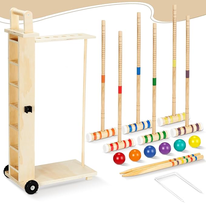 Hiboom 6 Player Croquet Set for Adults & Kids with Wooden Stand, Rubber Wooden Mallets, Colored