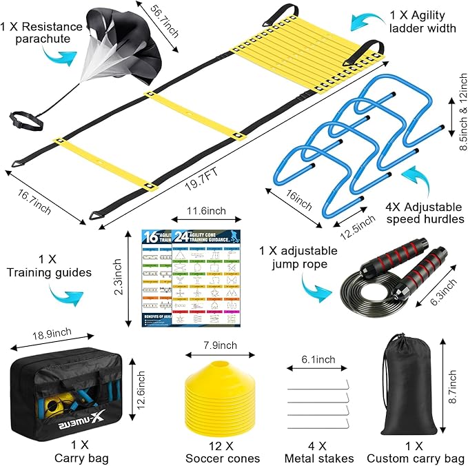Agility Ladder Speed Training Equipment Set-20ft Agility Ladder,12 Soccer Cones,4 Hurdles, Jump