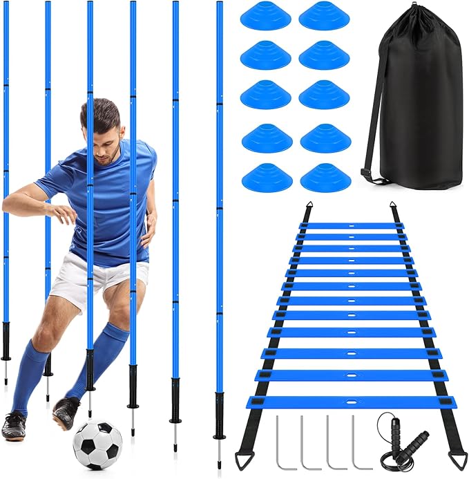 Soccer Agility Training Equipment: 6 Soccer Agility Poles, 20ft Agility Ladder, 10 Soccer Cones, 1