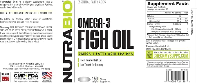 NutraBio Omega 3 Fish Oil Supplements, 2,000mg, 150 Softgels - EPA DHA Omega 3 Fatty Acid