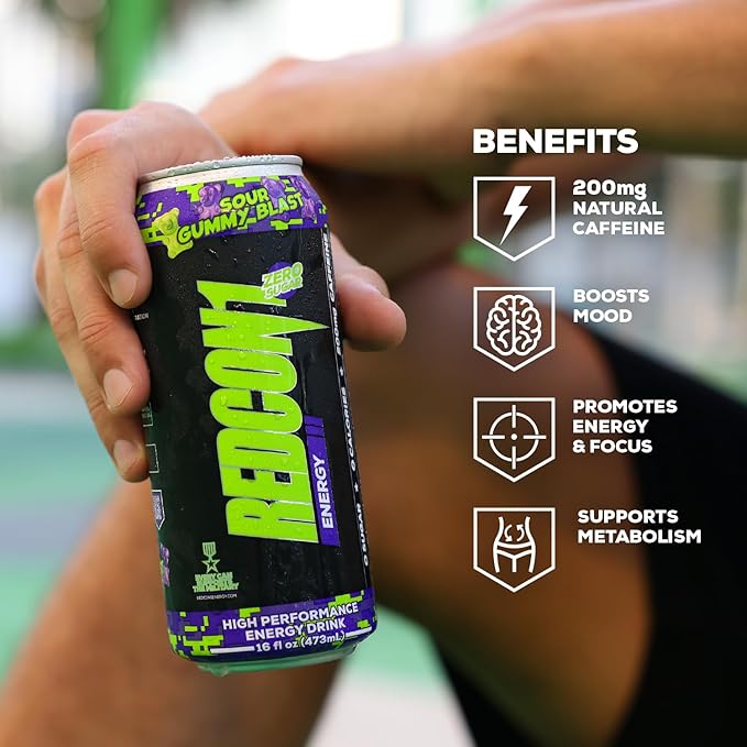REDCON1 Energy High Performance Drink, Sour Gummy Blast - Zero Sugar Energy Drink with Alpha GPC