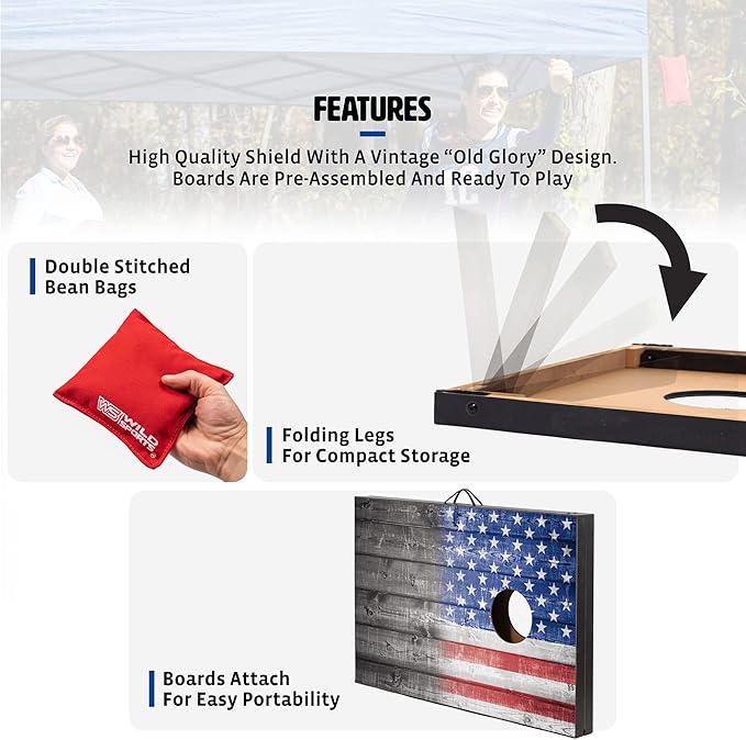 Wild Sports 2’x3’ or 2’x4’ Cornhole Outdoor Game Set, USA Flag or Natural Wood Options with Carry