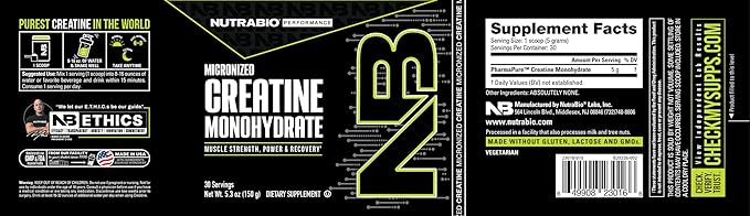 NutraBio Pure Micronized Creatine Monohydrate Powder Supplement, Unflavored, (150 g) - Supports