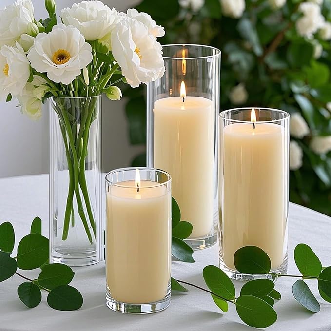 36 PCS Ivory White Pillar Candles with Glass Candle Holders Clear Hurricane Candle Holders Glass