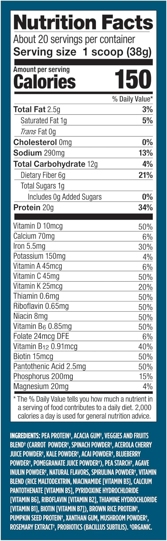 Vega All in One Nutrition Organic - 20g Plant-Based Pea Protein, Unsweetened, 20 Servings, Vitamins