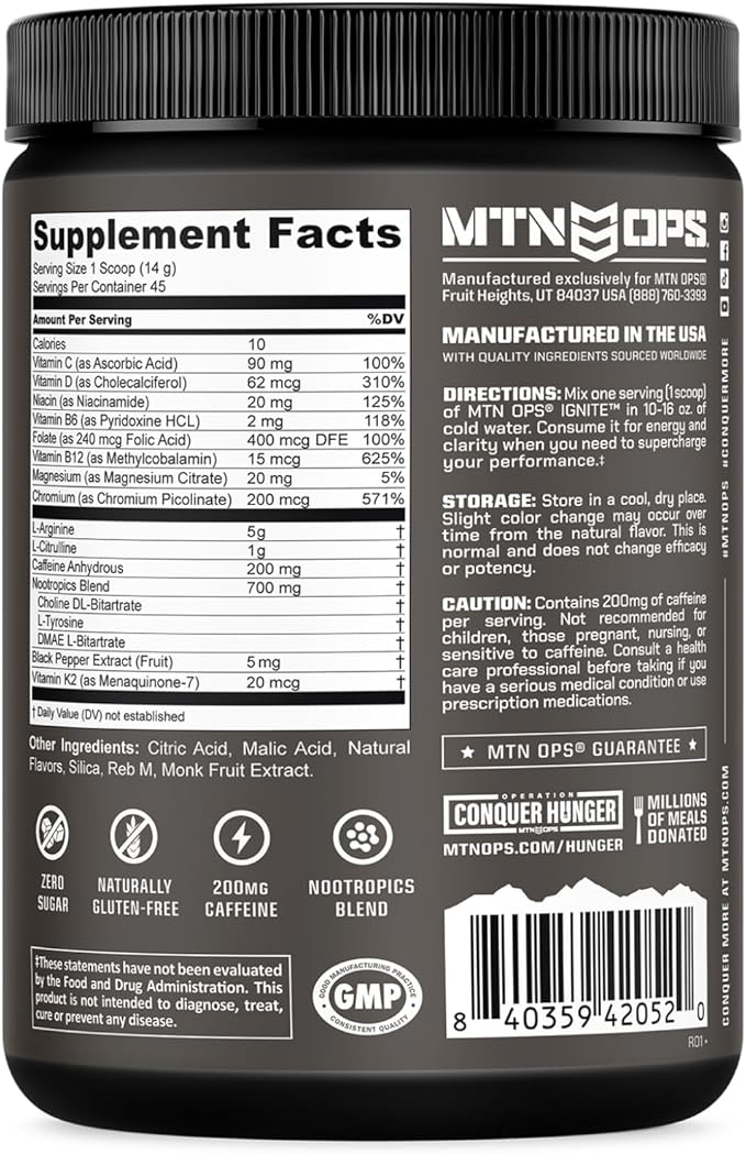 MTN OPS Ignite Energy Drink Powder, Naturally Gluten Free & Sweetened with Monk Fruit, Nitric Oxide