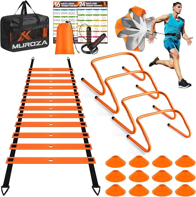 Agility Ladder, Speed Training Equipment Set, 20ft Agility Ladder, 12 Soccer Cones, 4 Hurdles, Jump