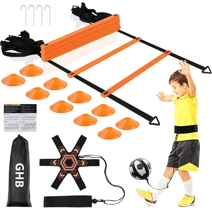GHB Pro Agility Ladder Soccer Kick Trainer Set 20ft 12 Rung 10 Cones and 4 Stakes Speed Agility
