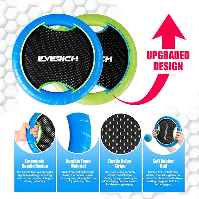 EVERICH TOY Trampoline Paddle Ball Set with 4 Bouncy Paddles & 8 Balls - Soft Foam Design for Kids