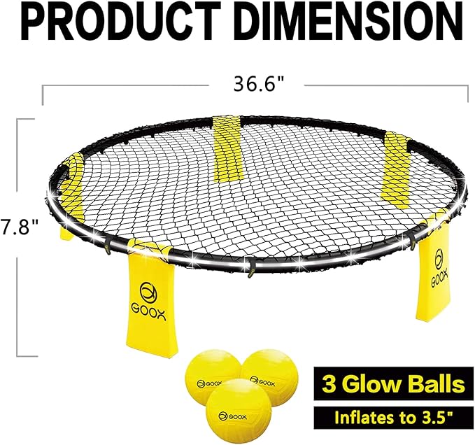GOOX Outdoor Beach Ball Games with Carrying Bag, 3 Balls, Net and Strip Light (ONLY for Light Up