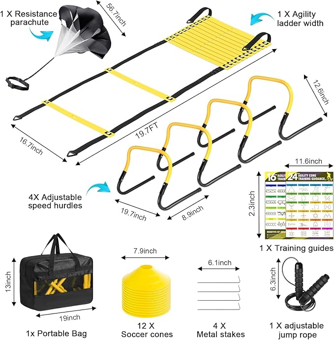 Soccer Training Equipment, Agility Speed Training Set with 20ft Speed Ladder, 12 Cones, 4