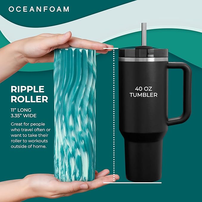 Oceanfoam Ripple Travel Foam Roller (11" x 3.35") Firm Mini Foam Roller for Physical Therapy, Deep