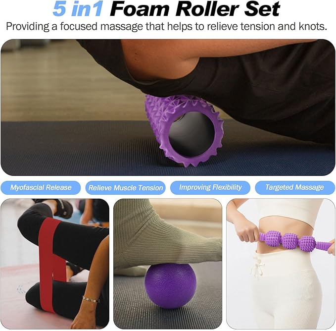 5 in 1 Foam Roller Set Trigger Point Foam Roller, Massage Roller Stick, Massage Ball, Stretching