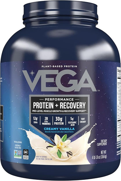 Vega Sport Vegan Protein Powder + Recovery - 30g Plant Based Protein per Serving, Vanilla, 45