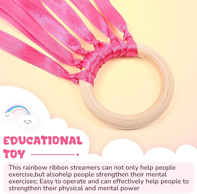 Junkin Ribbon Rings Hand Kite Waldorf Toys Dancing Wrist Ribbons Rainbow Streamers with Wood Ring