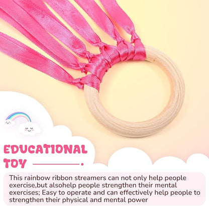 Junkin Ribbon Rings Hand Kite Waldorf Toys Dancing Wrist Ribbons Rainbow Streamers with Wood Ring