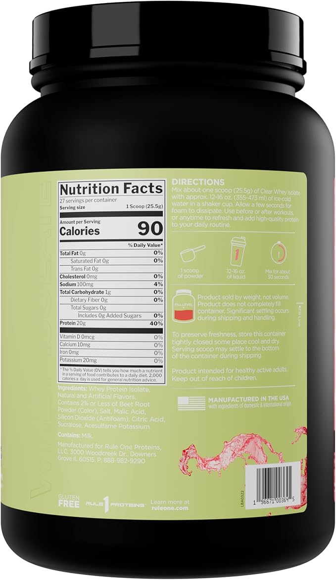 Rule 1 Clear Whey Isolate - 20g All-whey Isolate Protein, Over 9g EAAs, 300mg of Electrolyte
