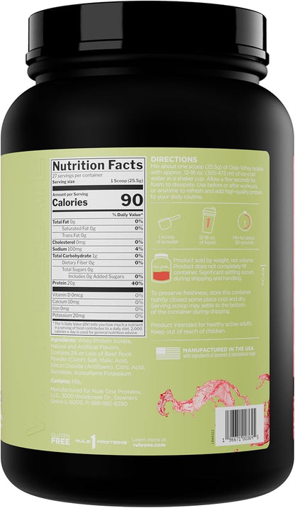 Rule 1 Clear Whey Isolate - 20g All-whey Isolate Protein, Over 9g EAAs, 300mg of Electrolyte