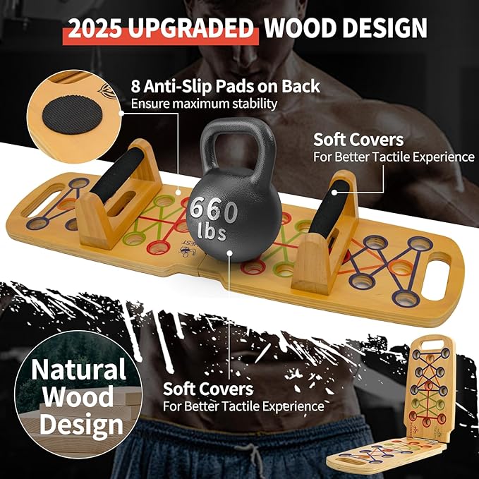 Wooden Portable Push up board, foldable fitness strength training pushup stand with solid bar