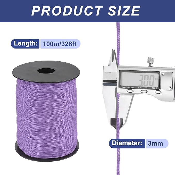 MECCANIXITY 1/8 Inch Polypropylene Rope Braided Ropes, 328ft Nylon Rope Hollow Utility Cord for