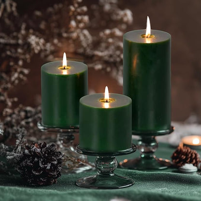 KONNI Navy Green Pillar Candles Set of 3, 3"x 6" Unscented Pillar Candles Bulk, 56 Hours Long