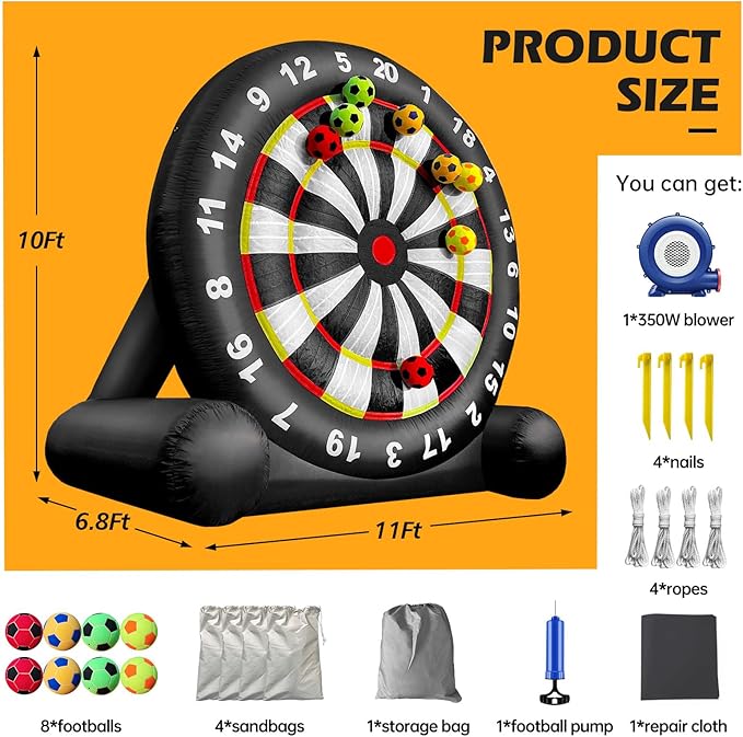 WARSUN 10Ft Giant Inflatable Soccer Darts Board Outdoor Dart Board with 8 Soccer Balls & 350W