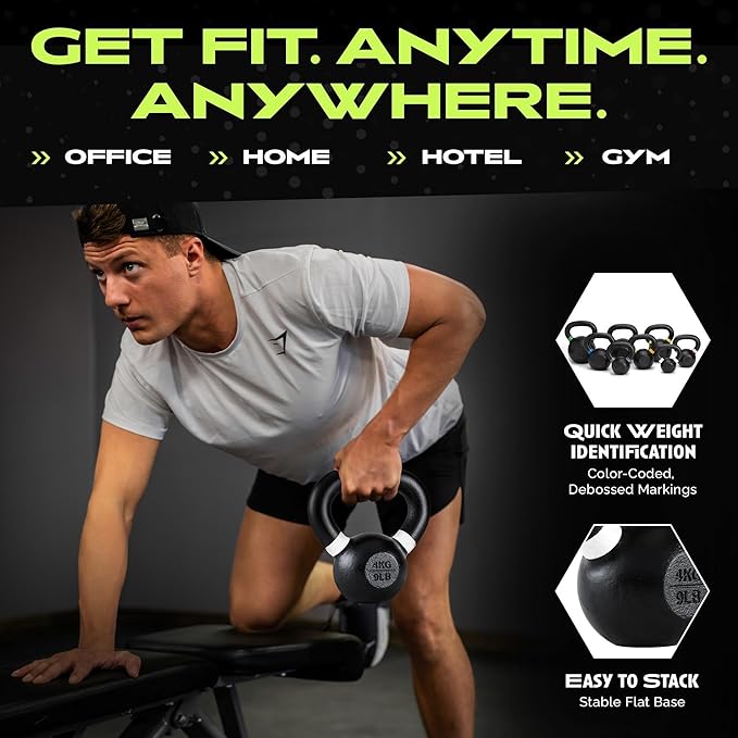 Single Cast Iron Kettlebell | Powder Coated - Wide Handle Weights for Core & Glute Workouts;