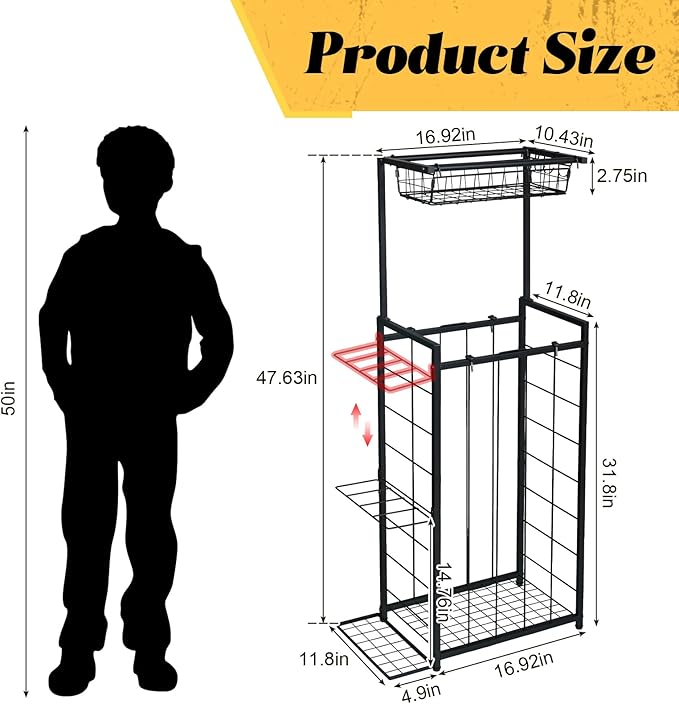 Sports Equipment Organizer, Small Garage Ball Storage Rack with Elastic Straps and 3 Hooks, Garage