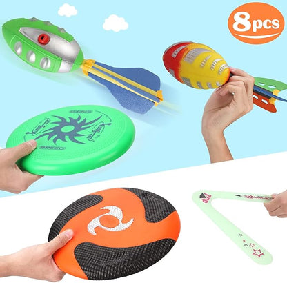 8-in-1 Sports Combo Play Set - Ultimate Outdoor Family Backyard Games with Foam Football, Flying
