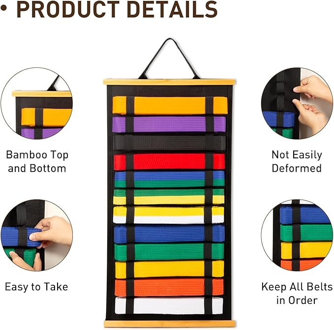 12Belts Karate Belt Display Rack with Bamboo Frame, Felt Taekwondo Belt Display, Martial Art Belt