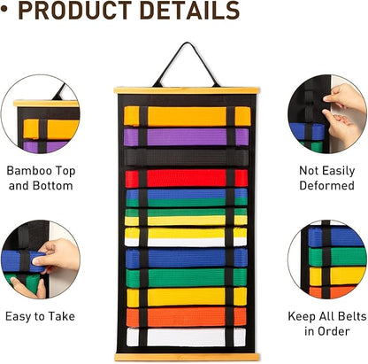 12Belts Karate Belt Display Rack with Bamboo Frame, Felt Taekwondo Belt Display, Martial Art Belt