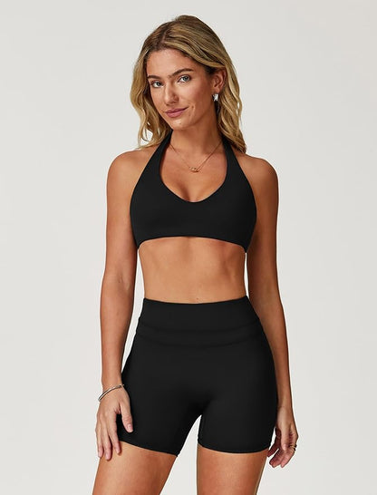 Two piece yoga short set for women with Halter top and gym short Matching workout sets for