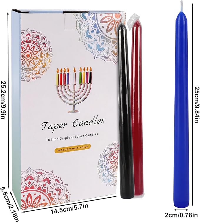 24 Colored Taper Candles, 7-8 Hours Burn Time, Unscented, Smokeless and Dripless, 0.75 x 10 Inch