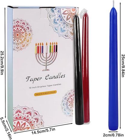 24 Colored Taper Candles, 7-8 Hours Burn Time, Unscented, Smokeless and Dripless, 0.75 x 10 Inch