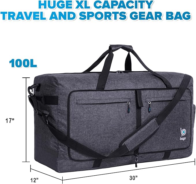Bago Large Foldable Duffel Bags for Traveling Women & Men - 100L Packable Duffle Bag for Travel