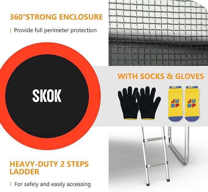 SKOK Trampoline 8FT 10FT 12FT 14FT 15FT Trampolines with Enclosure Net, 400LBS Outdoor Trampolines