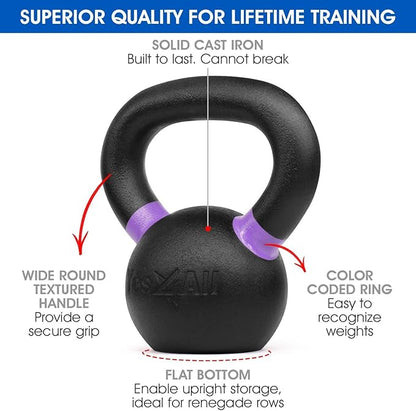 Yes4All Kettlebell, Heavy Duty Powder Coated Cast Iron Kettlebells, Non-Slip Handle & Flat Bottom