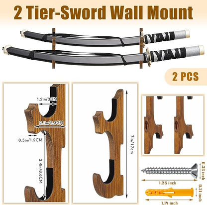 Chunful 2 Pcs Sword Wall Mount Sword Holder Katana Stand 1 Tier Hanger Adjustable Wooden Mounts for